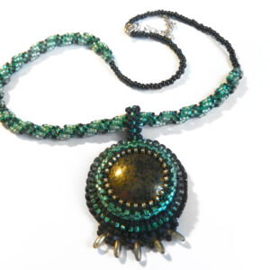 Green Bead Embroidery Neckace with Gold Glass Cabochon