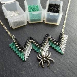 Green and Grey Ric Rac Necklace with Spider Charm