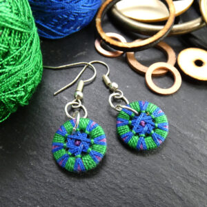 Blue Purple and Green Zwirnknopfe Earrings