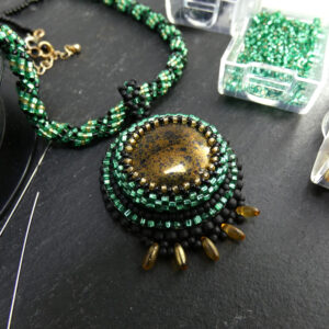 Green Bead Embroidery Neckace with Gold Glass Cabochon