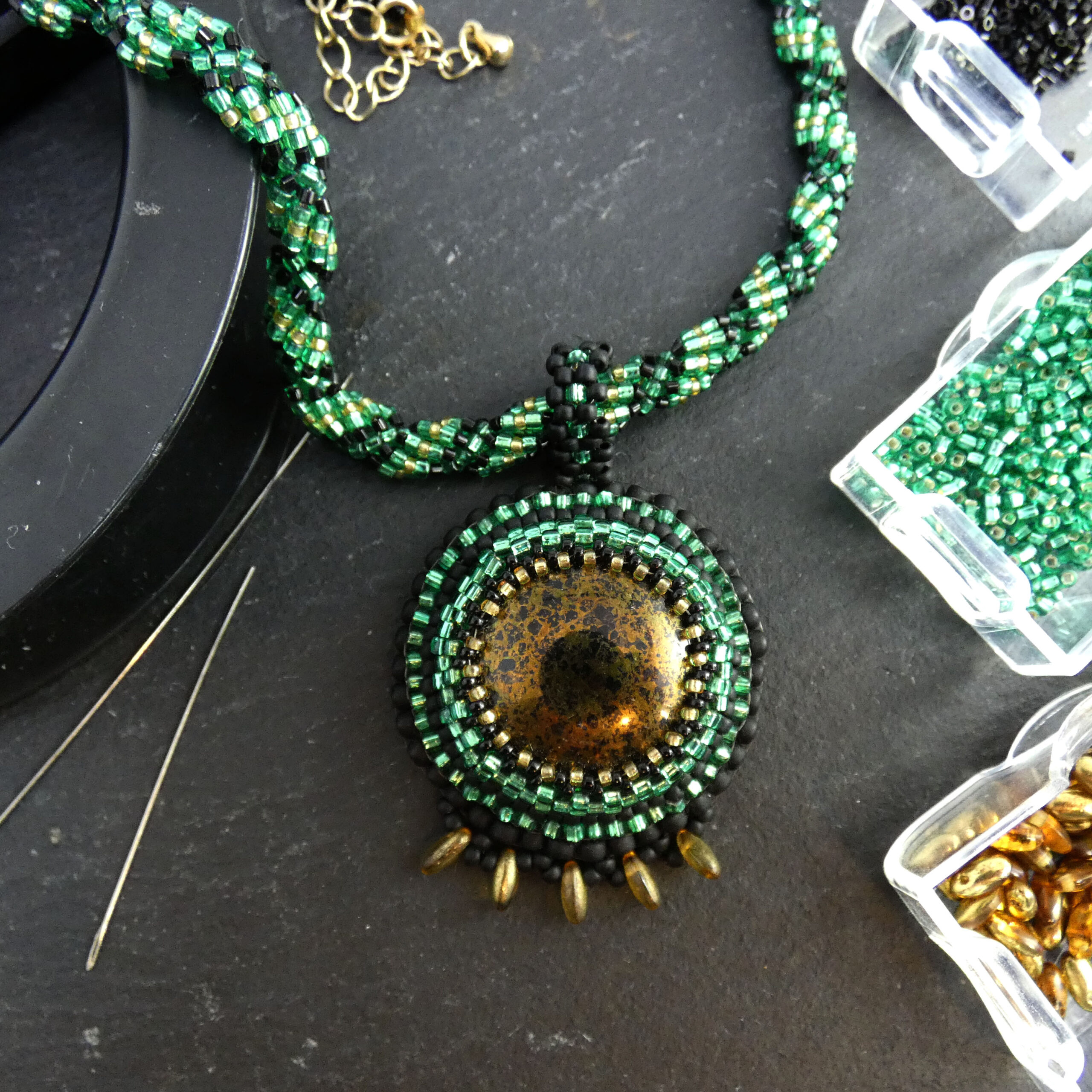 Green Bead Embroidery Neckace with Gold Glass Cabochon - Image 2
