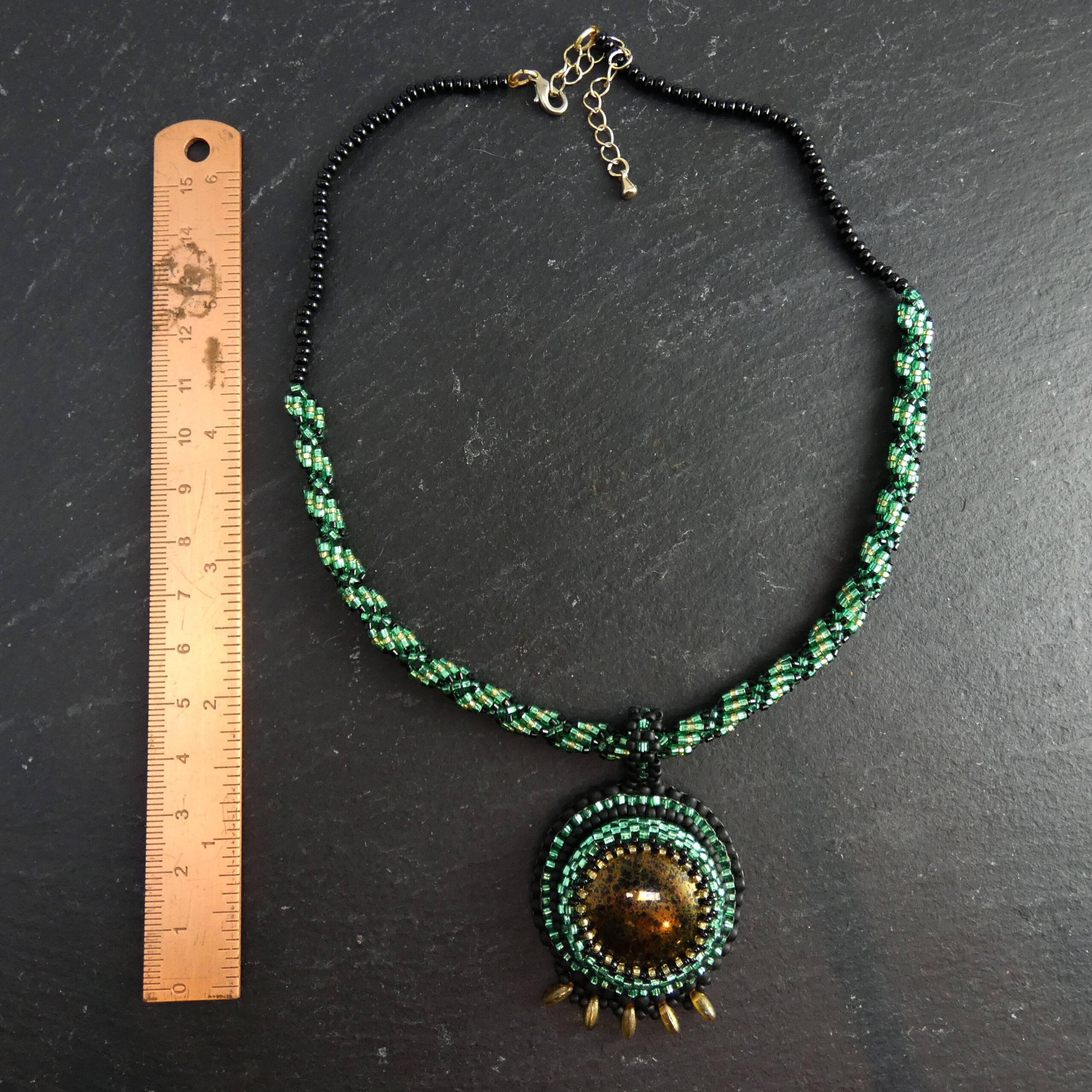 Green Bead Embroidery Neckace with Gold Glass Cabochon - Image 4