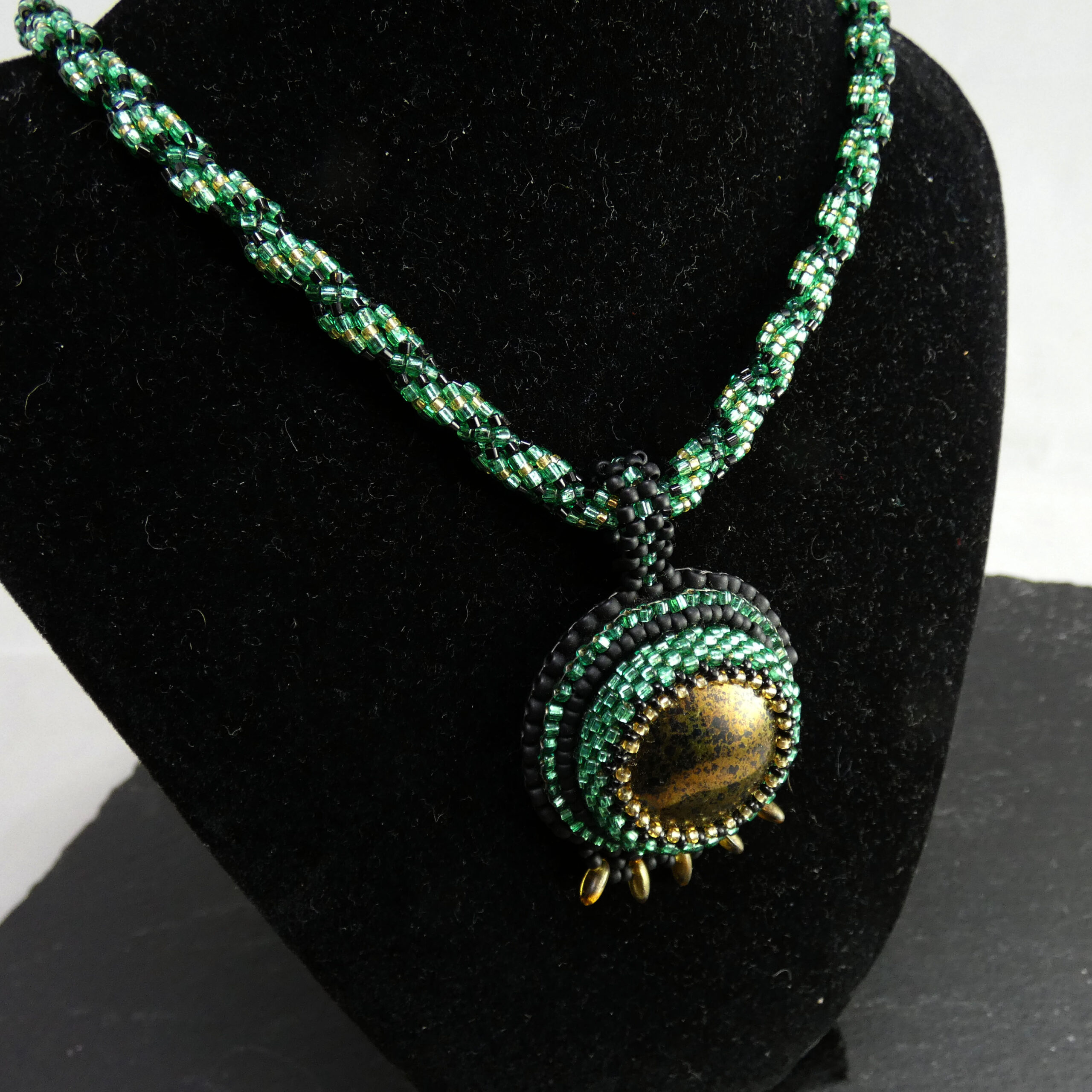Green Bead Embroidery Neckace with Gold Glass Cabochon - Image 3